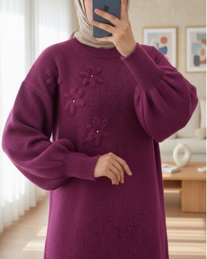 Flower Patterned Stoned Soft Knit Sweater -Fuchsia