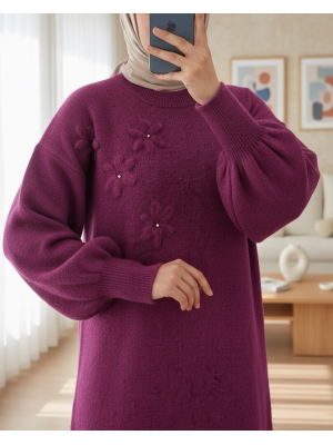 Çiçek Desenli Taşlı Yumoş Triko Kazak -Fuşya