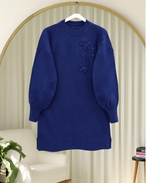 Flower Patterned Stoned Soft Knit Sweater -Navy blue
