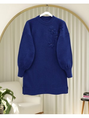 Çiçek Desenli Taşlı Yumoş Triko Kazak -Laci