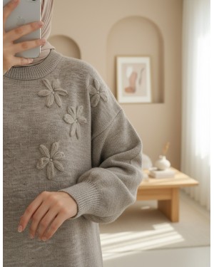 Flower Patterned Stoned Soft Knit Sweater - Soil
