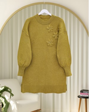 Flower Patterned Stoned Soft Knit Sweater -Oil Green