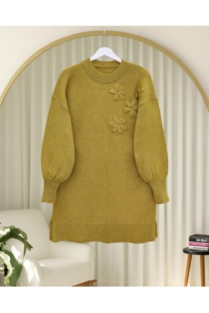Flower Patterned Stoned Soft Knit Sweater -Oil Green