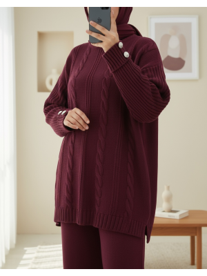 Saç Örgü Desen Kolu Düğme Detaylı Triko Takım -Bordo