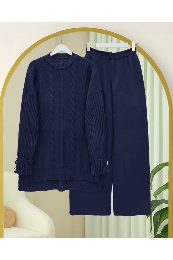 Hair Knitting Pattern Sleeve Button Detailed Knitwear Suit -Navy blue