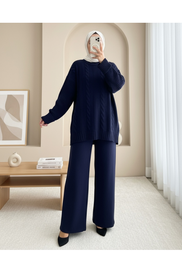 Hair Knitting Pattern Sleeve Button Detailed Knitwear Suit -Navy blue
