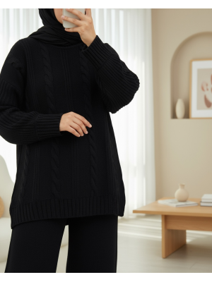 Saç Örgü Desen Kolu Düğme Detaylı Triko Takım -Siyah