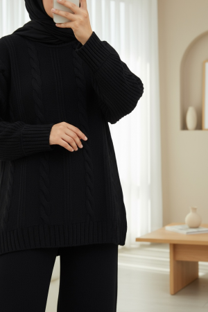 Saç Örgü Desen Kolu Düğme Detaylı Triko Takım -Siyah