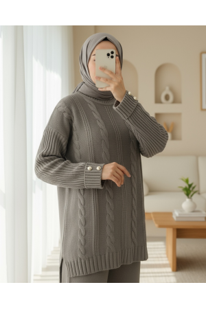 نمط حياكة الشعر مع أزرار وأكمام وتفاصيل بدلة تريكو -التربة