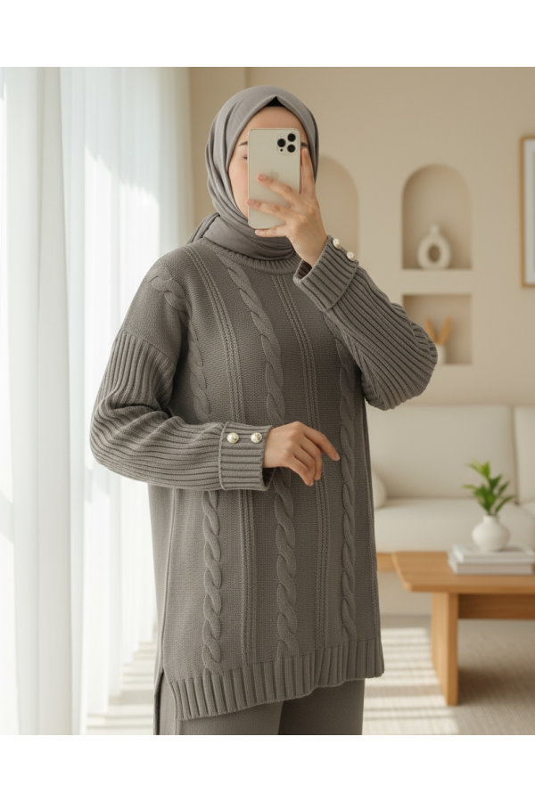 Hair Knitting Pattern Sleeve Button Detailed Knitwear Suit - Soil
