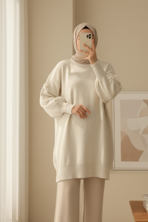 Round Neck Soft Knit Sweater with Flower Detail on the Sleeves -Ecru