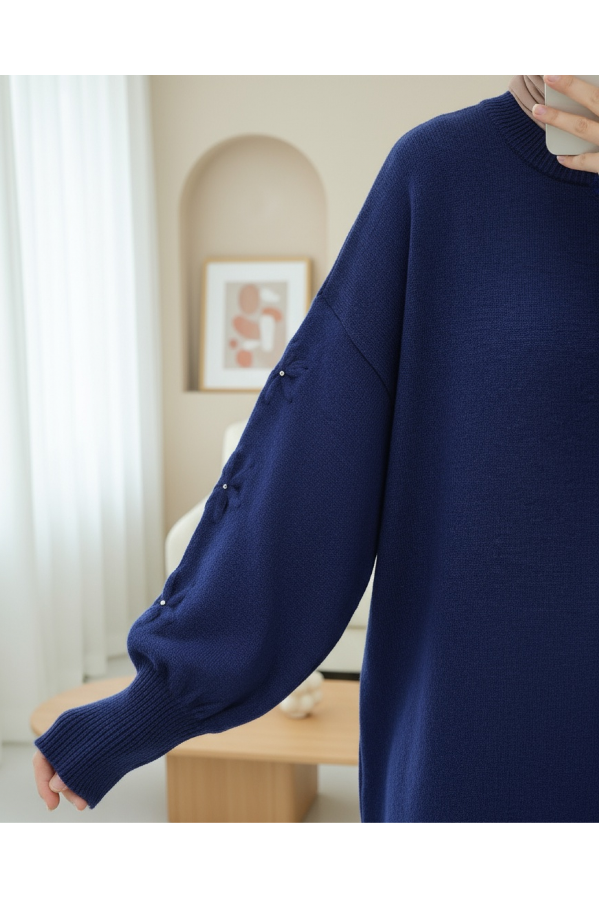 Round Neck Soft Knit Sweater with Flower Detail on the Sleeves -Navy blue