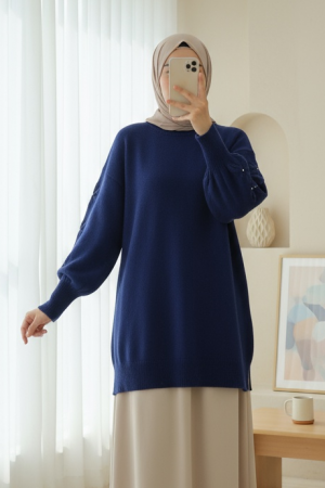 Round Neck Soft Knit Sweater with Flower Detail on the Sleeves -Navy blue