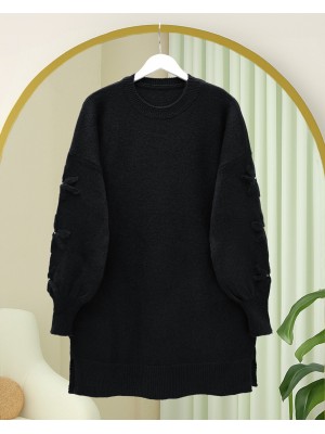 Kolu Çiçek Detaylı Yuvarlak Yaka Yumoş Triko Kazak -Siyah