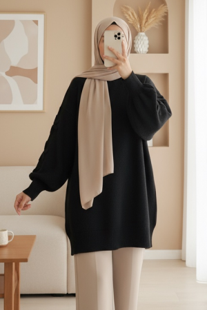 Round Neck Soft Knit Sweater with Flower Detail on the Sleeves -Black