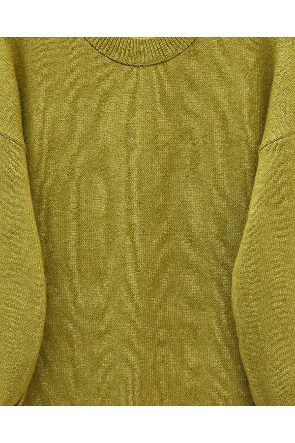 Round Neck Soft Knit Sweater with Flower Detail on the Sleeves -Oil Green