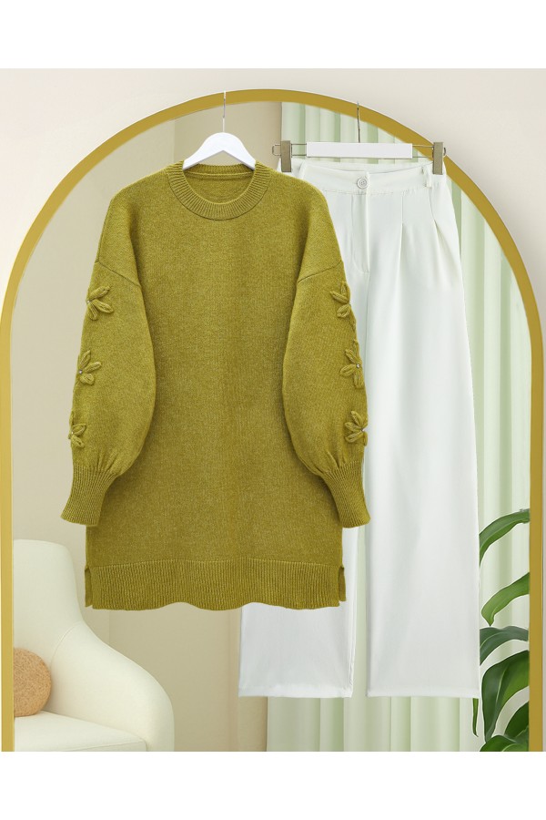 Round Neck Soft Knit Sweater with Flower Detail on the Sleeves -Oil Green