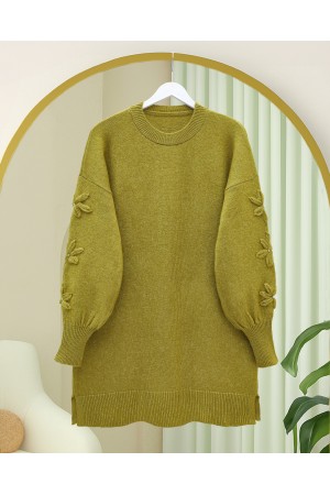 Round Neck Soft Knit Sweater with Flower Detail on the Sleeves -Oil Green