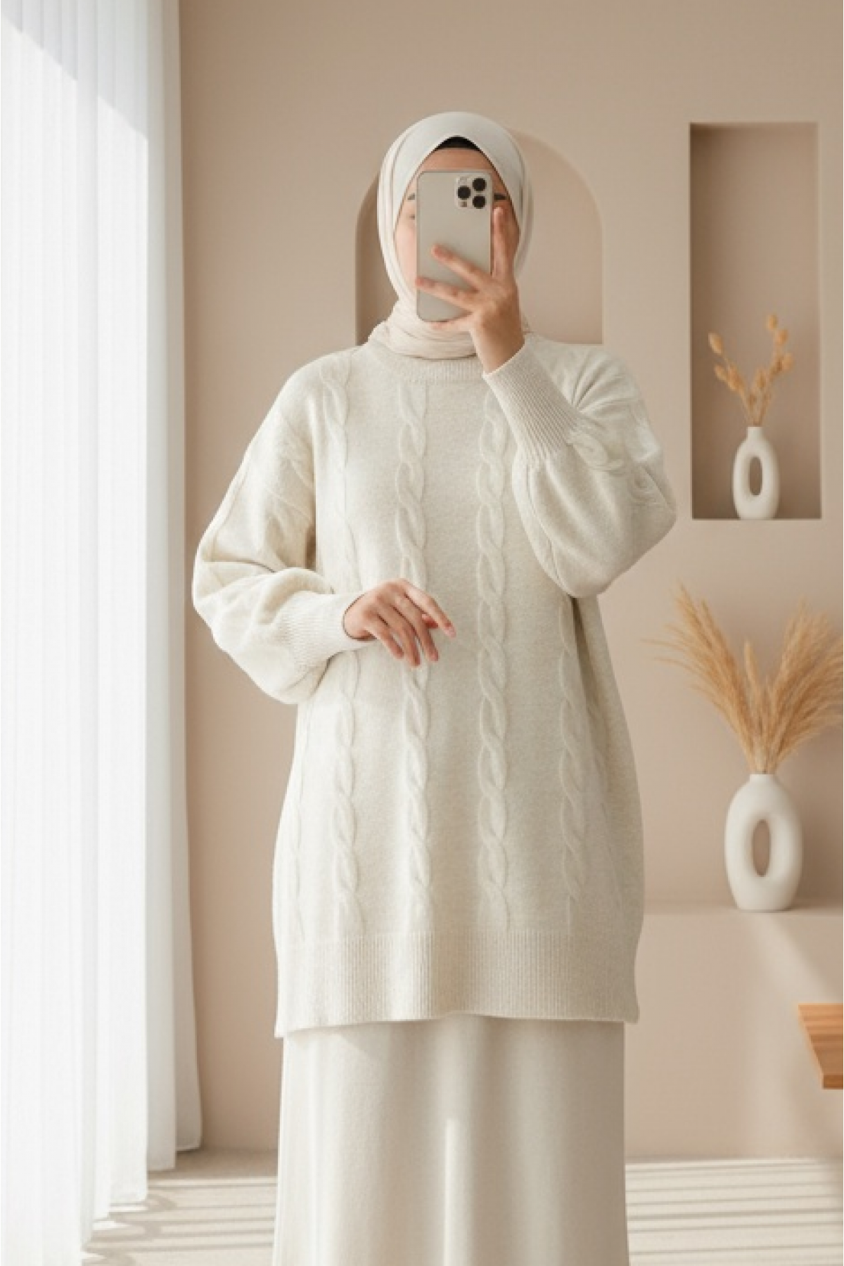 Hair Knitting Pattern Soft Knitwear Sweater -Ecru