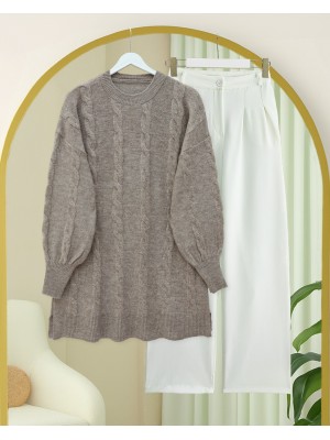 Saç Örgü Desen Yumoş Triko Kazak -Toprak