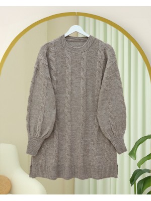 Saç Örgü Desen Yumoş Triko Kazak -Toprak