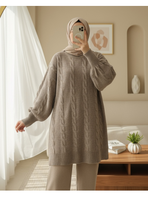 Saç Örgü Desen Yumoş Triko Kazak -Toprak