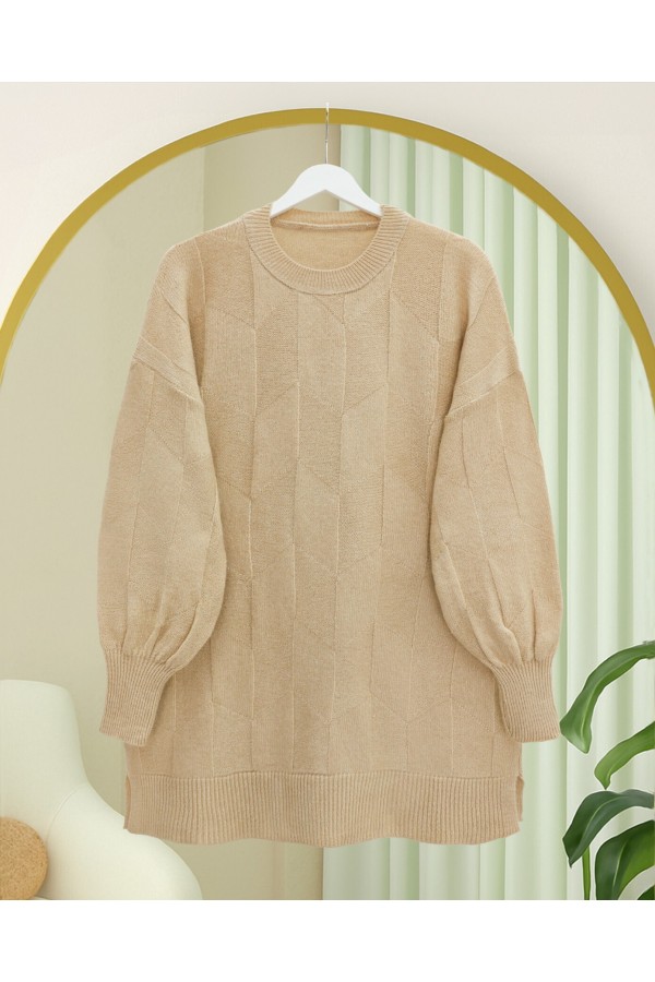 Round Neck Loose Patterned Knitwear Sweater -Light Mink