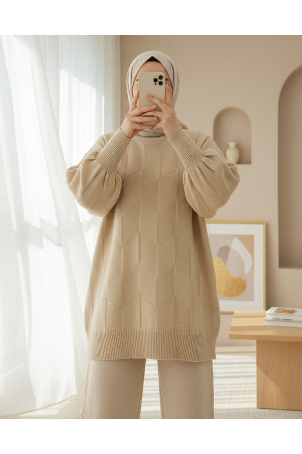 Round Neck Loose Patterned Knitwear Sweater -Light Mink