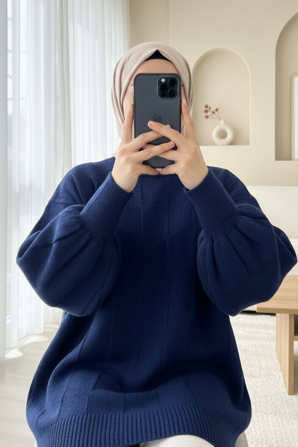 Round Neck Loose Patterned Knitwear Sweater -Navy blue
