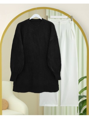 سترة محبوكة فضفاضة ذات رقبة مستديرة ونقوش -أسود