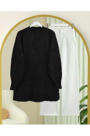 Yuvarlak Yaka Salaş Desenli Triko Kazak -Siyah