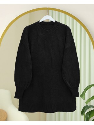 سترة محبوكة فضفاضة ذات رقبة مستديرة ونقوش -أسود