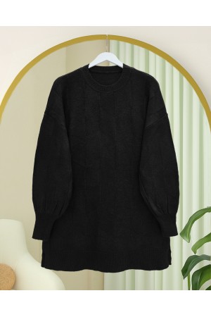 Round Neck Loose Patterned Knitwear Sweater -Black