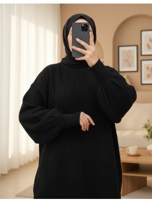 سترة محبوكة فضفاضة ذات رقبة مستديرة ونقوش -أسود