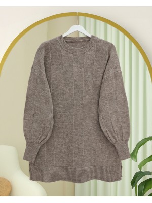 Round Neck Loose Patterned Knitwear Sweater - Soil