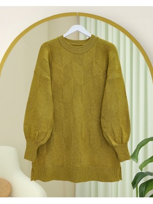 Yuvarlak Yaka Salaş Desenli Triko Kazak -Yağ Yeşili