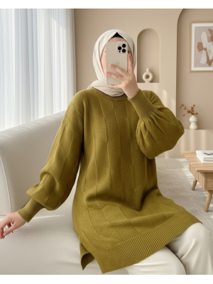 Yuvarlak Yaka Salaş Desenli Triko Kazak -Yağ Yeşili