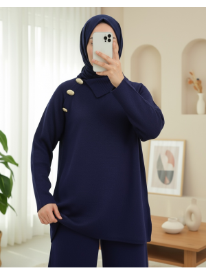 Yakası Çapraz Düğmeli Yarım Boğazlı Triko Takım -Laci