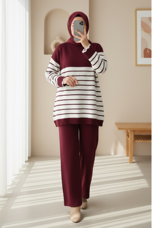 Yarım Boğazlı Çizgili Triko Takım -Bordo