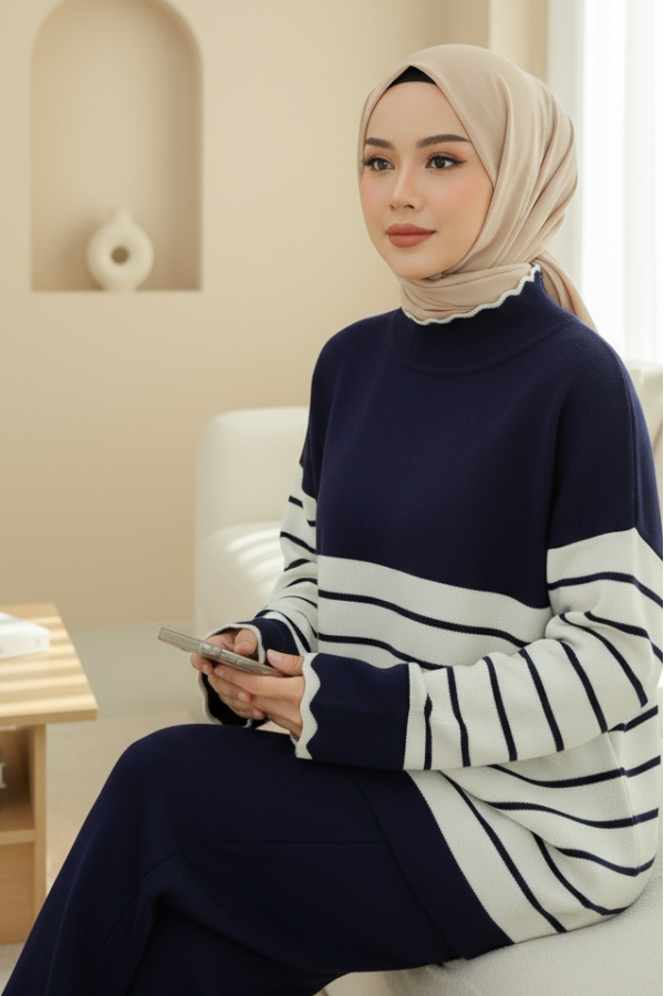 Yarım Boğazlı Çizgili Triko Takım -Laci