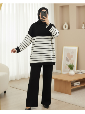 Yarım Boğazlı Çizgili Triko Takım -Siyah