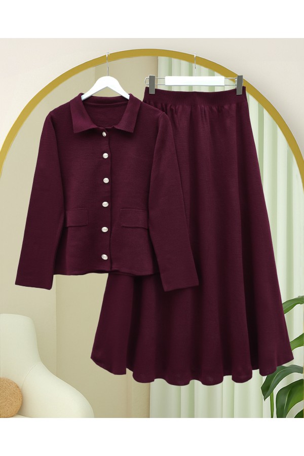 Button-Front Skirted Collar Knitwear Suit -Maroon