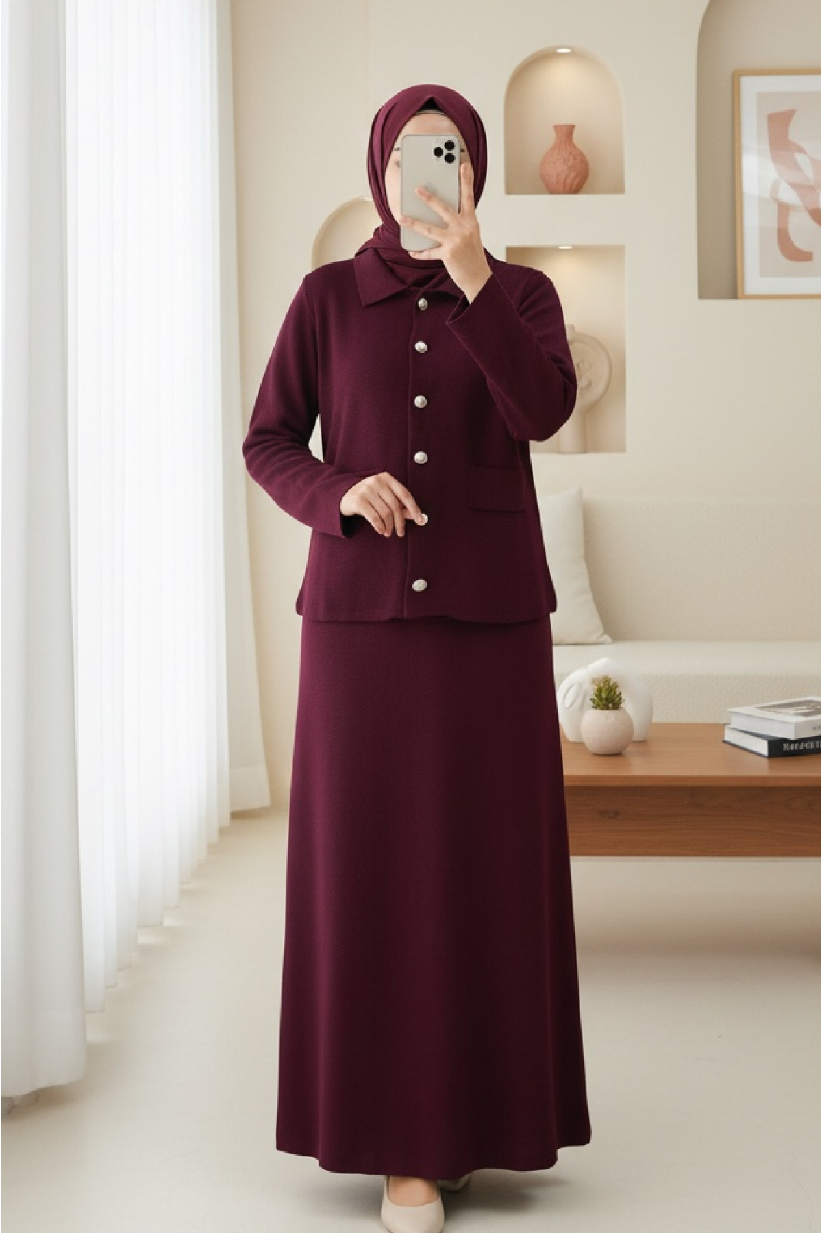 Önü Düğmeli Etekli Yakalı Triko Takım -Bordo