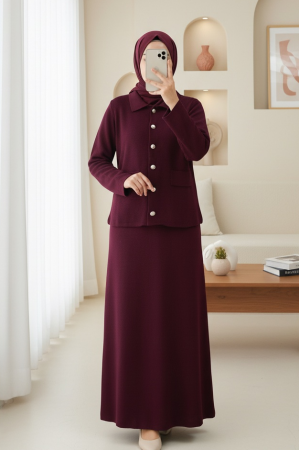 Önü Düğmeli Etekli Yakalı Triko Takım -Bordo