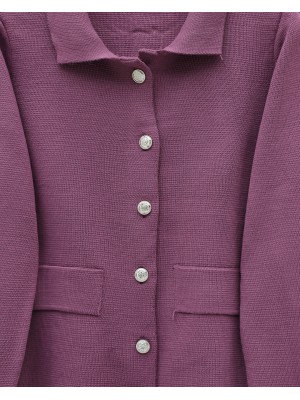 Önü Düğmeli Etekli Yakalı Triko Takım -Mürdüm