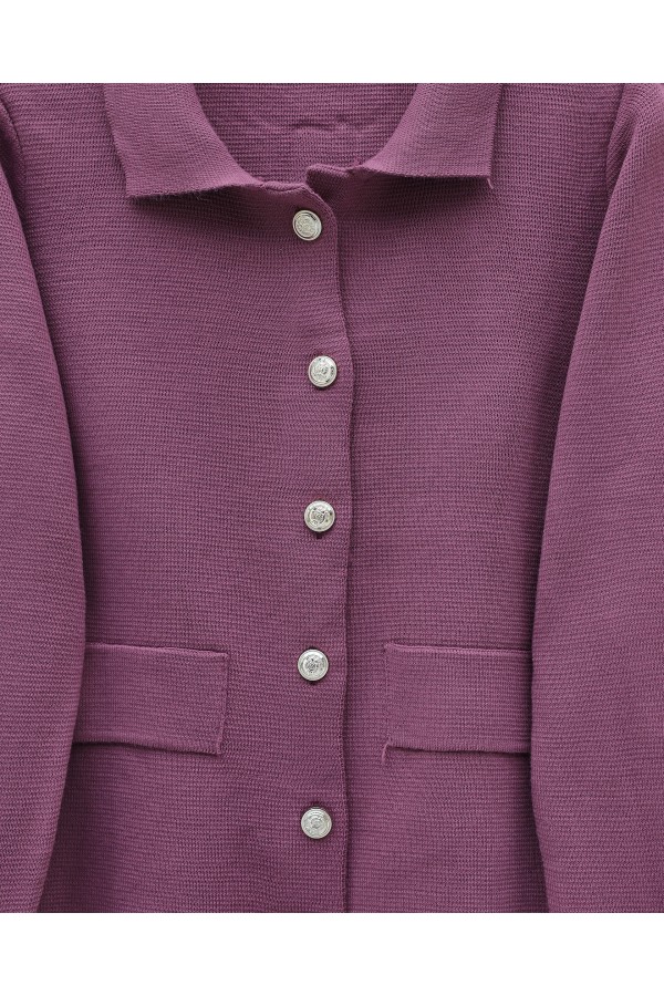 Button-Front Skirted Collar Knitwear Suit -Damson