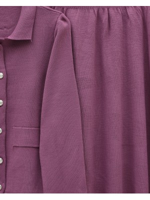 Önü Düğmeli Etekli Yakalı Triko Takım -Mürdüm