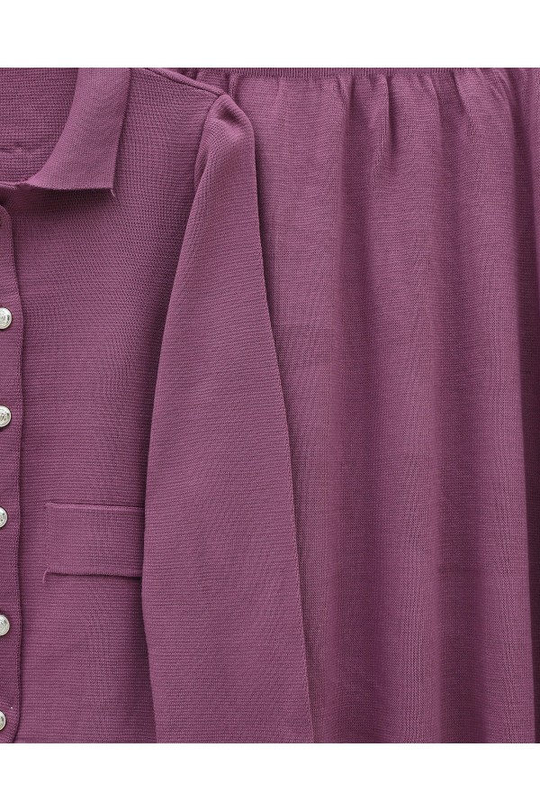 Button-Front Skirted Collar Knitwear Suit -Damson