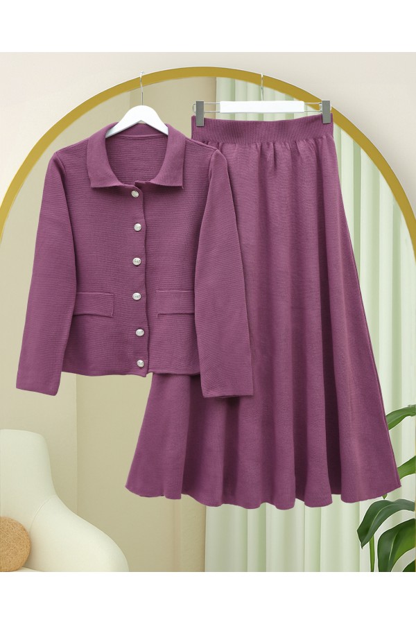Button-Front Skirted Collar Knitwear Suit -Damson