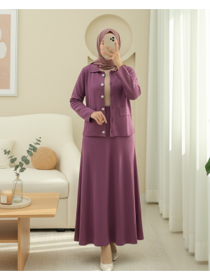 Önü Düğmeli Etekli Yakalı Triko Takım -Mürdüm